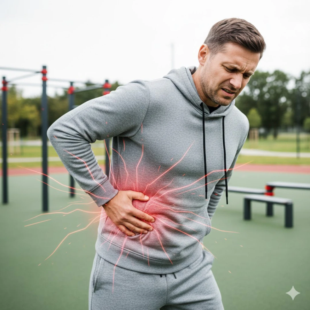 운동복을 입은 사람이 스트레칭이나 가벼운 운동 중 갑자기 왼쪽 옆구리 근육에 통증을 느끼고 잠시 멈춰 서서 해당 부위를 만지고 있는 모습을 그려주세요. 배경은 헬스장이나 야외 운동 공간으로 설정하고, 근육의 섬유질이 순간적으로 꼬이거나 당기는 듯한 느낌을 시각적인 효과(예: 가는 선들, 붉은색 스파크)로 표현하여 통증을 강조합니다. 역동적이지만 고통스러운 순간을 담아주세요.