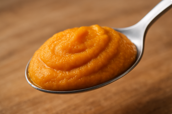 IDDSI 3단계의 예시로, 부드러운 당근 혹은 호박 퓨레를 숟가락에 담은 모습
IDDSI 3단계(매우 걸쭉한 퓨레)의 대표 예시로, 부드러운 당근 혹은 호박 퓨레를 숟가락에 담은 사진입니다.