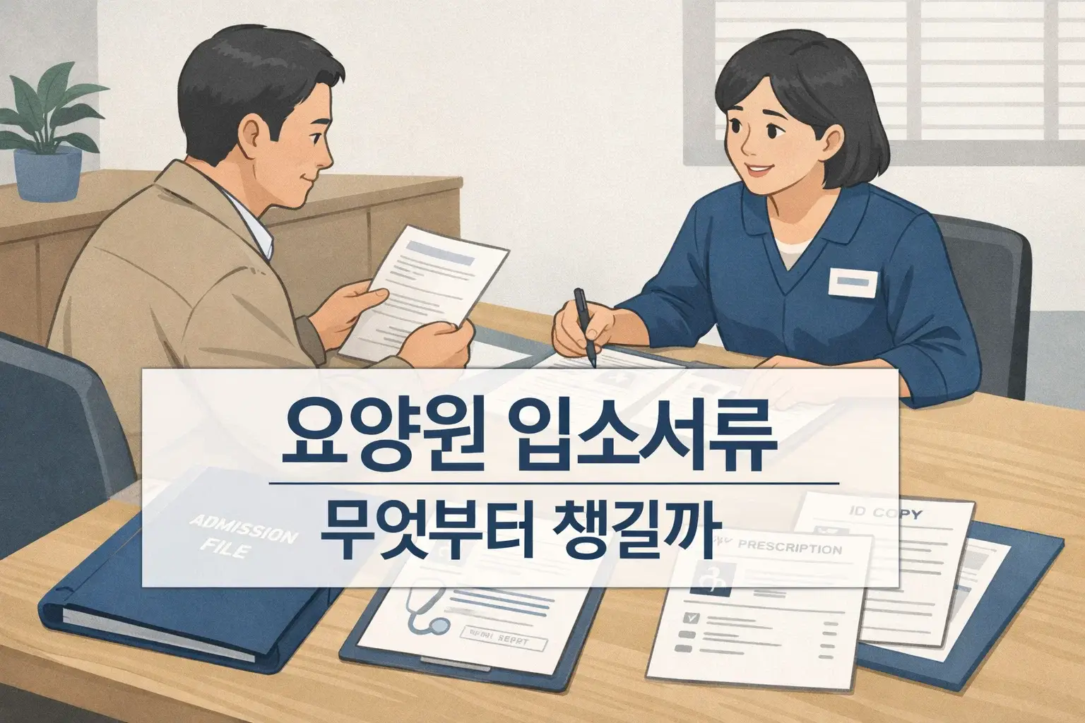 요양원 입소서류 글의 핵심 내용을 보여주며 공통서류와 시설별 추가 준비물, 접수 전 확인 포인트를 한눈에 이해하도록 정리한 이미지