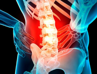 몸통이 투명하여 허리뼈가 보이고 허리뼈에 빨간색으로 통증을 표현하고 있는 일러스트