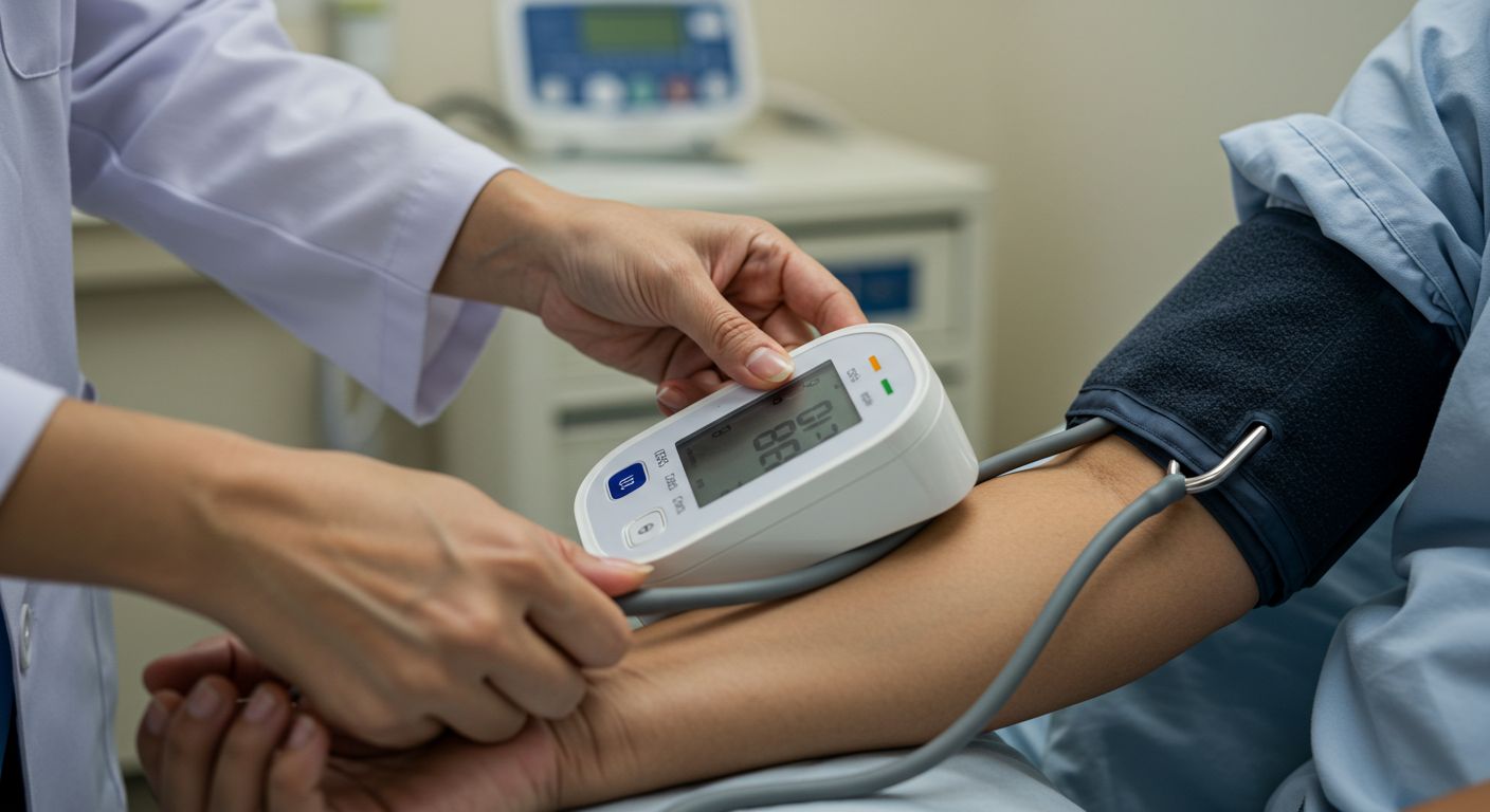 혈압측정기를 통해 혈압을 측정하는 모습이다.