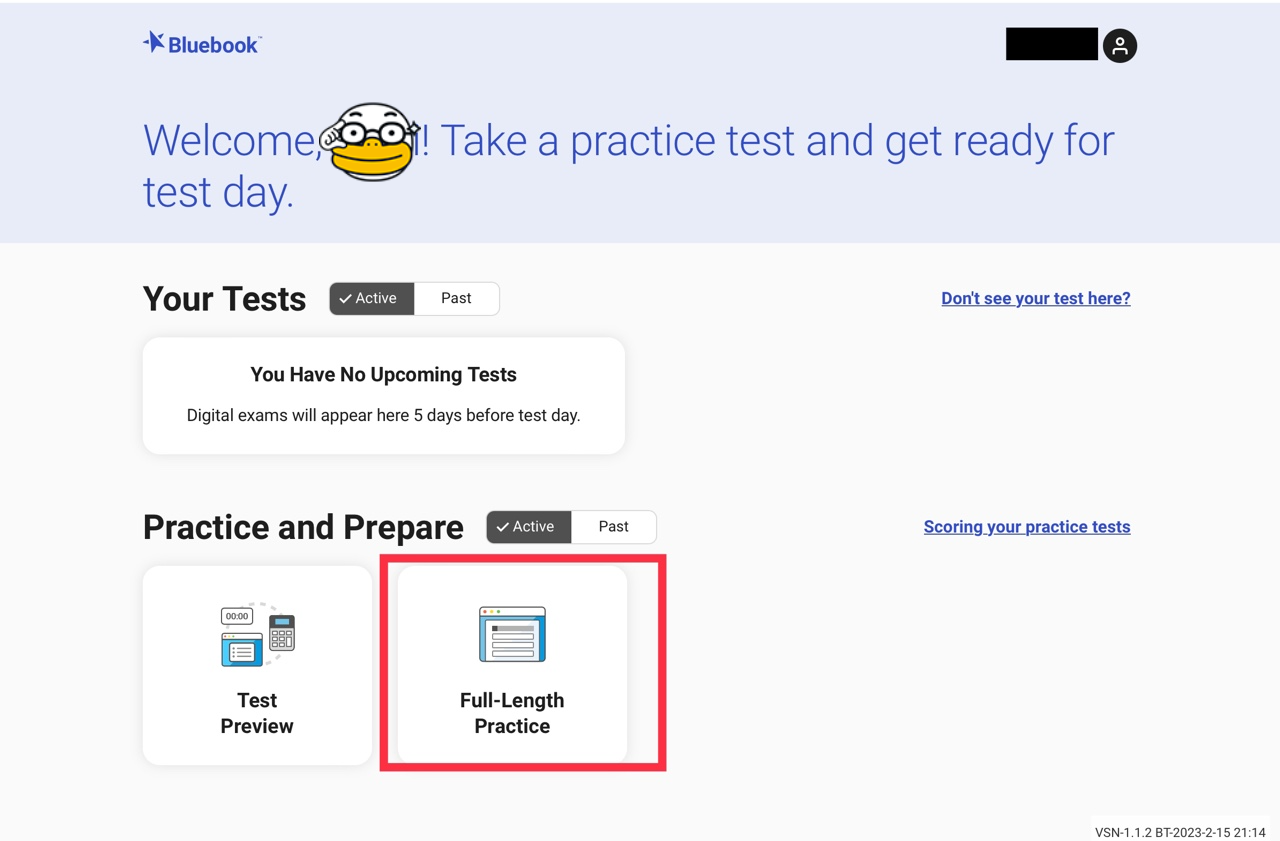 Digital SAT Bluebook 애플리케이션 - 로그인된 화면에서 Full-length-Practice 아이콘을 설명하는 이미지