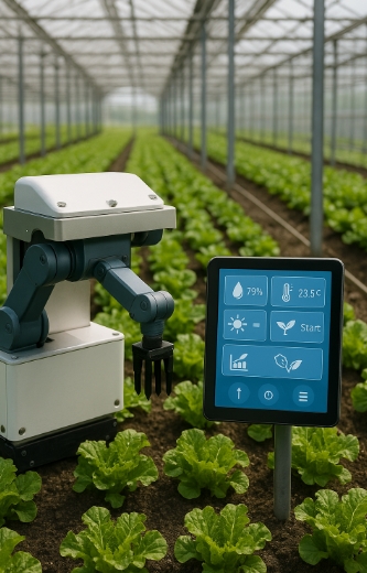 자동화 로봇이 온실 속 상추를 돌보며 터치스크린 제어판에 환경 데이터를 표시하는 모습
