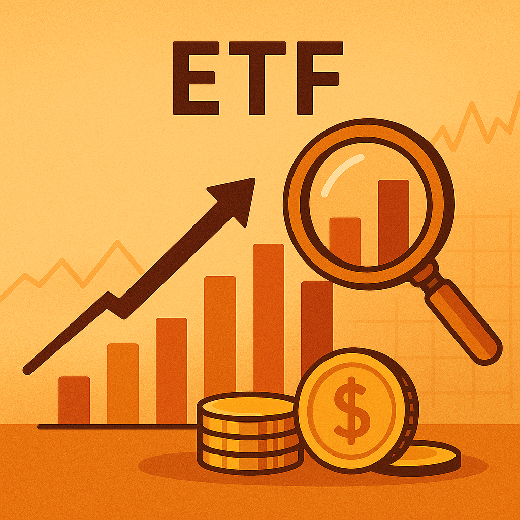 주식 초보도 시작할 수 있는 안전한 ETF 6종 추천 &mdash; 상승 차트, 막대그래프, 확대경, 금화 아이콘 일러스트