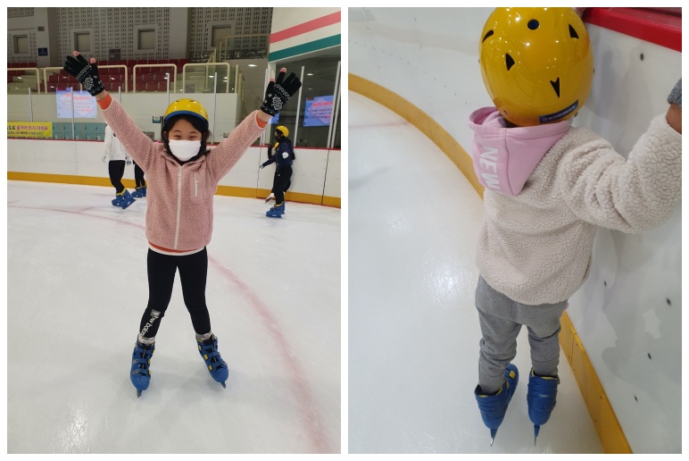 실내 빙상장에서 스케이트를 타는 아이들