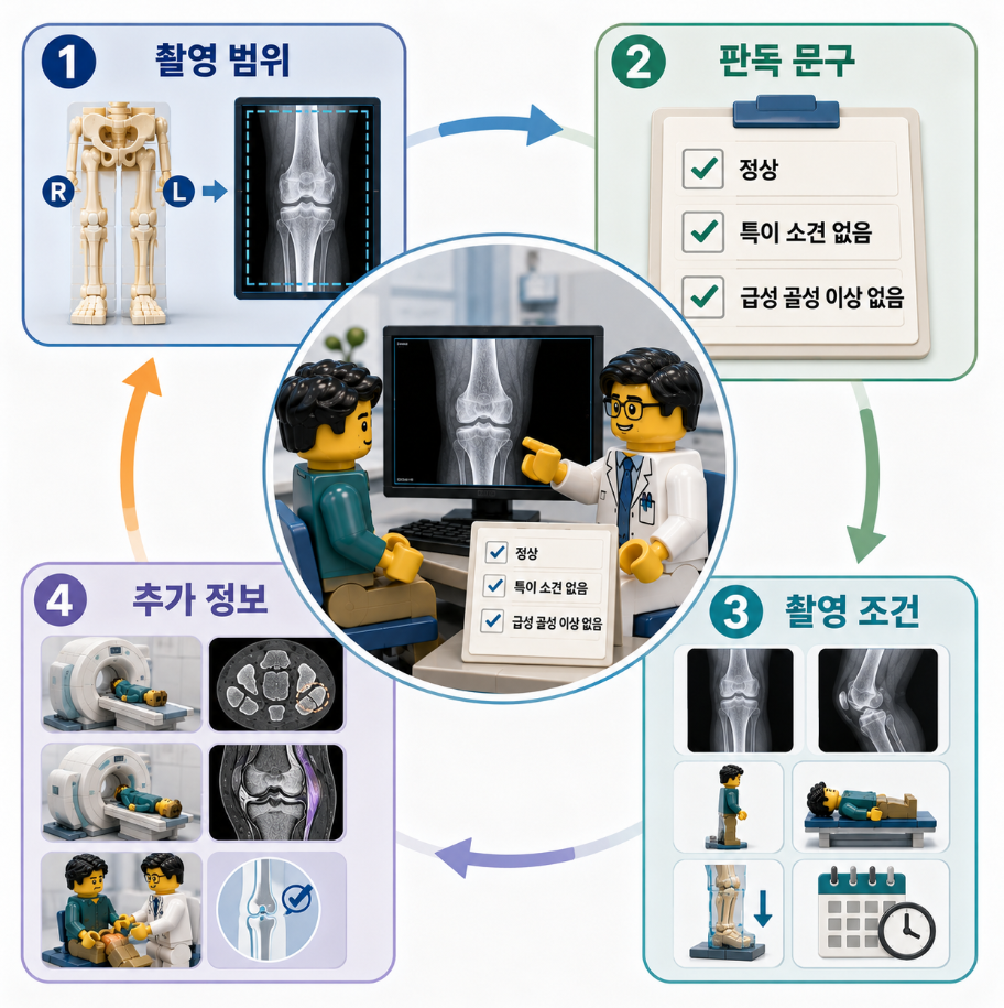 정상 X-ray 결과를 촬영 범위, 판독 문구, 촬영 조건, 추가 정보 순서로 다시 읽는 4단계 의료 인포그래픽