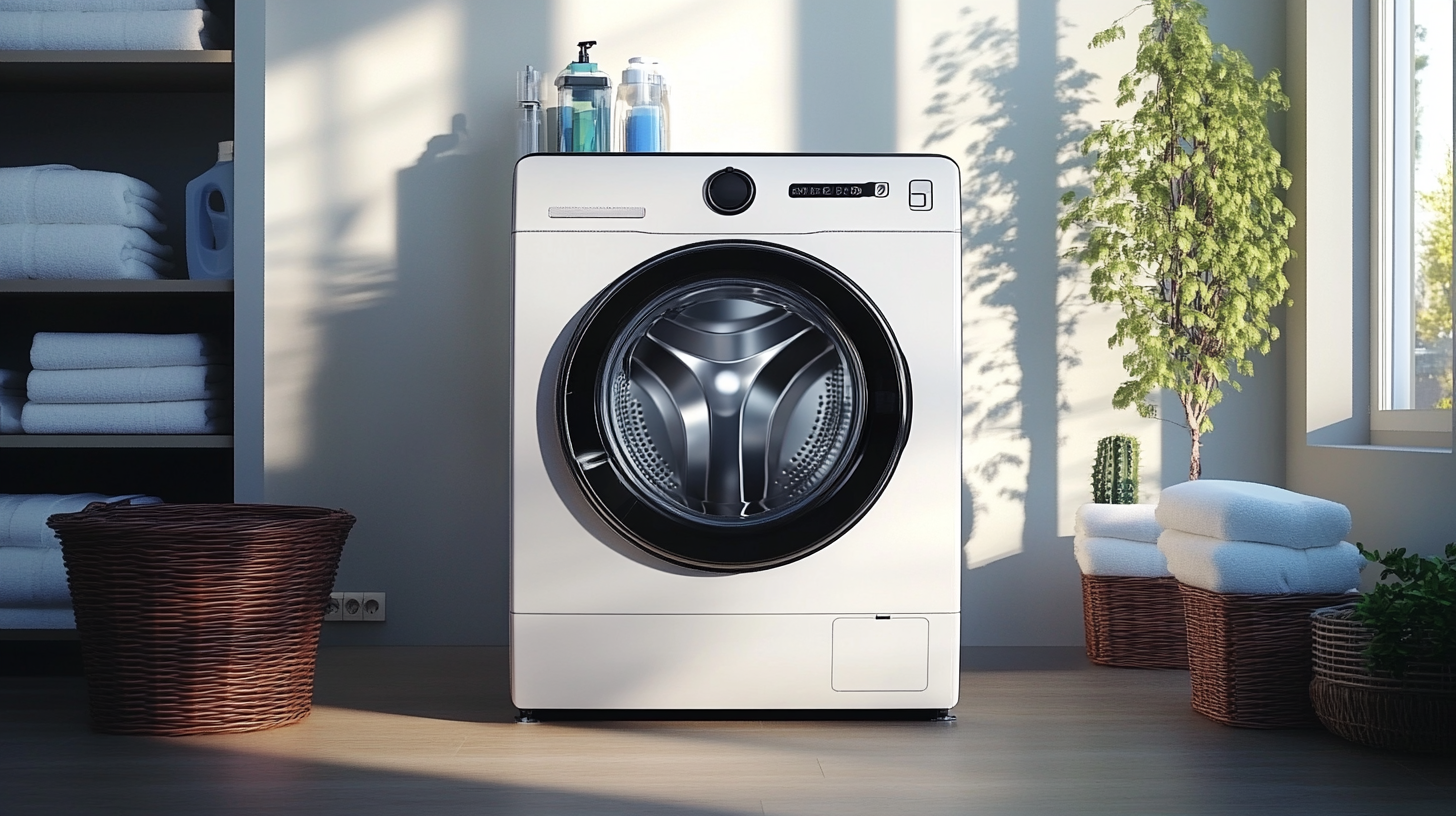 현대적인 세탁실에 자리잡고 있는 삼성 WA23A8377KV 세탁기, 23kg의 대용량을 자랑하며 세련된 인테리어와 조화를 이루고 있는 모습.