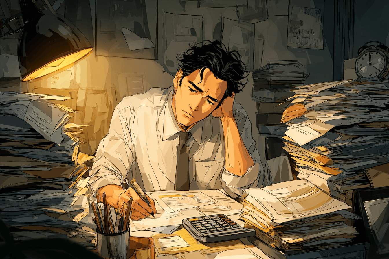 서류에-둘러쌓인-남성