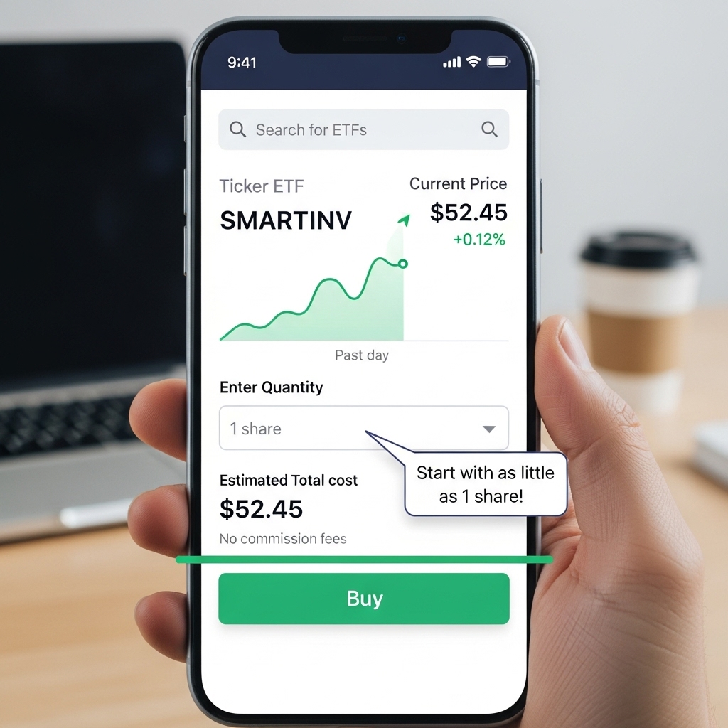 스마트폰 ETF 거래 앱 화면을 통해 초보 투자자가 쉽게 ETF를 매수하는 과정을 보여주는 모습