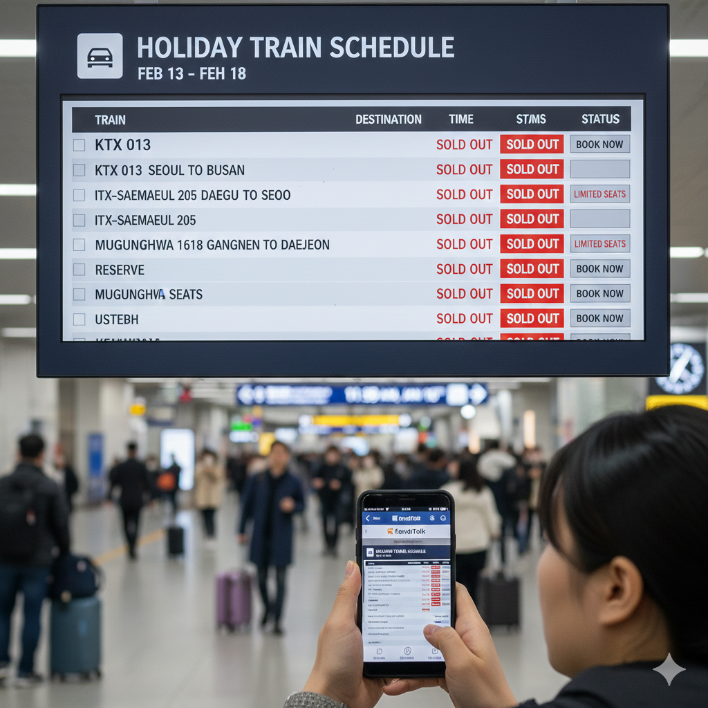 붐비는 기차역 대합실을 배경으로 한 여성이 스마트폰을 들고 열차 예매 상황을 확인하는 모습이에요. 상단에는 대형 안내 스크린이 떠 있으며, 2월 13일부터 18일까지의 열차 운행 일정과 KTX, ITX-새마을, 무궁화호 등 주요 노선의 매진 현황이 영문으로 표시되어 있어요. 여성의 손에 들린 스마트폰 화면 속 앱에도 실시간 좌석 예약 정보가 나열되어 있어, 명절 연휴를 앞두고 승차권 예매에 집중하는 긴박하면서도 일상적인 분위기를 생생하게 전달해요.