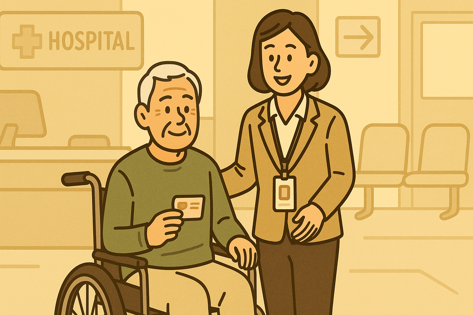휠체어를 탄 환자와 병원 접수를 돕는 병원동행매니저