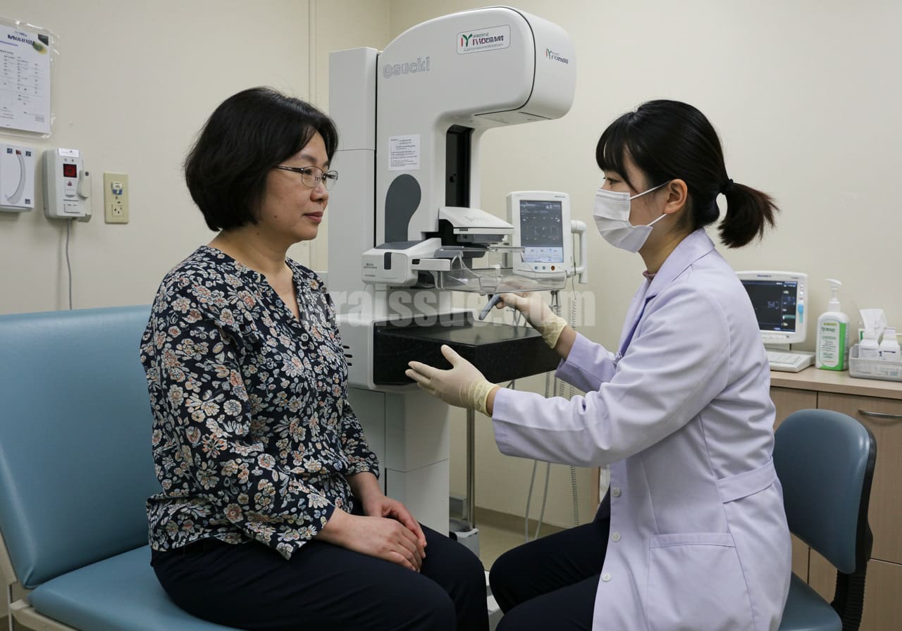 40대 여성이 유방암 검진을 받는 장면 병원에서 의료진이 검진 절차를 설명하는 모습