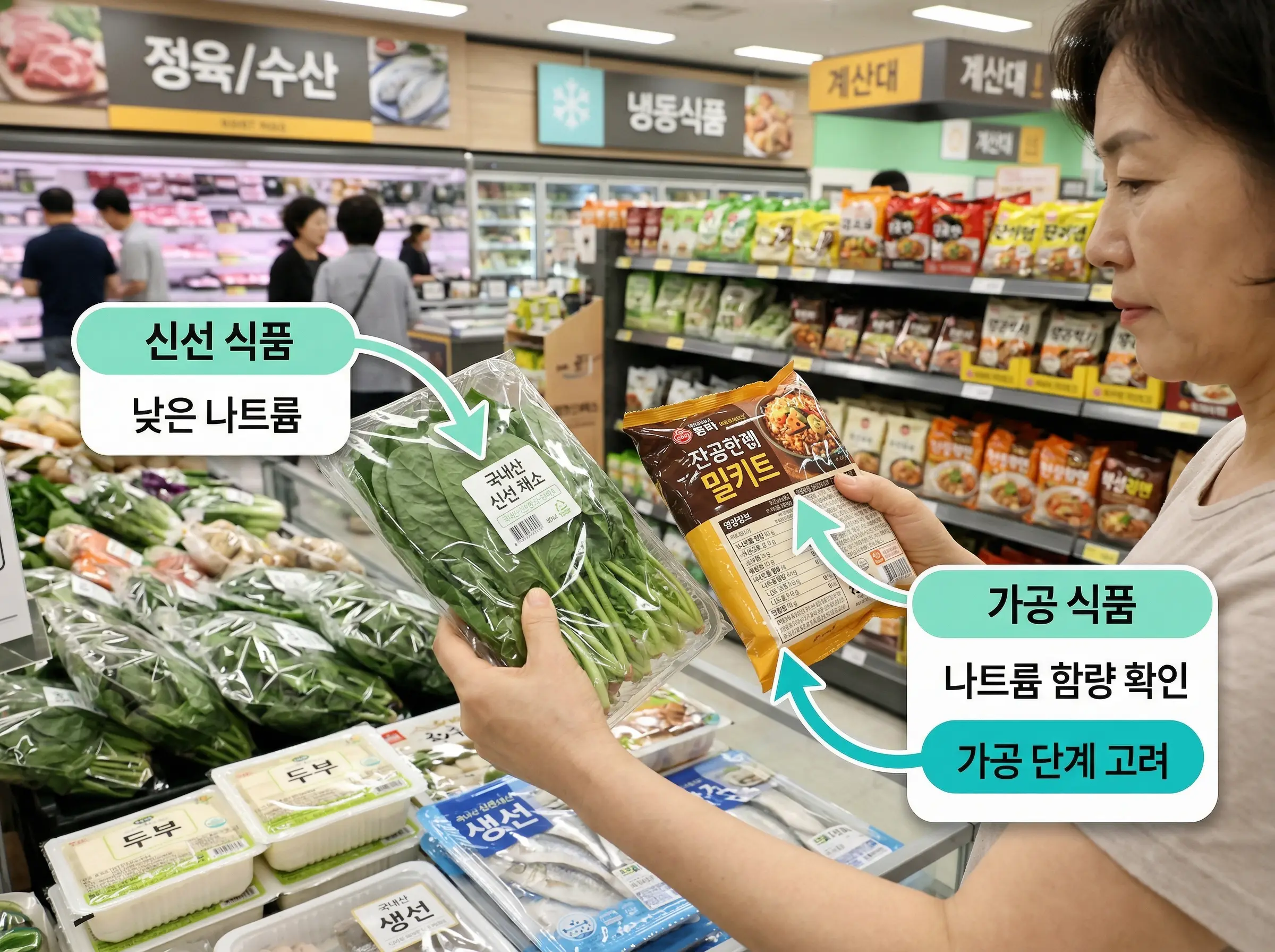 신선식품과 가공식품을 비교하며 장보는 한국 소비자