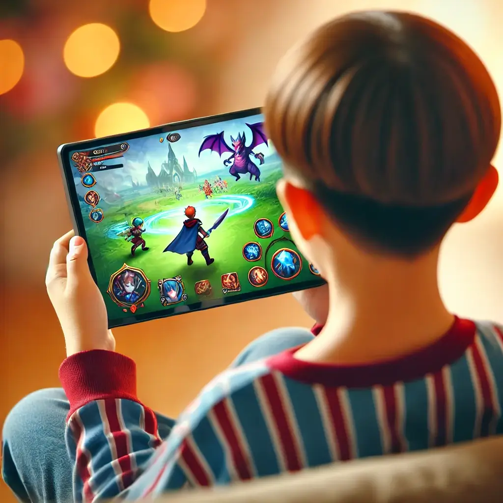 태블릿으로 MMORPG 모바일 게임을 하고 있는 소년의 뒷모습