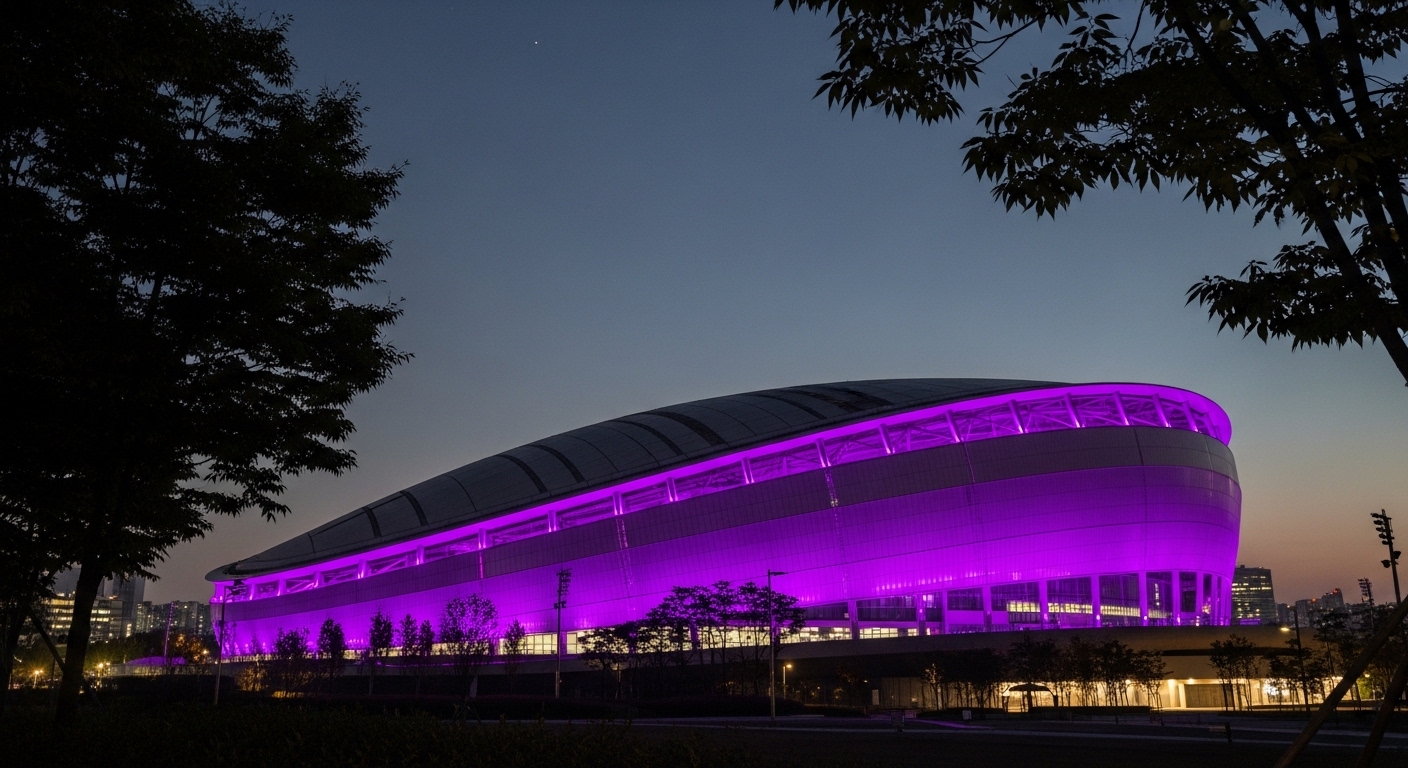 보랏빛 조명이 켜진 서울 올림픽공원 체조경기장(KSPO DOME)의 야경 이미지