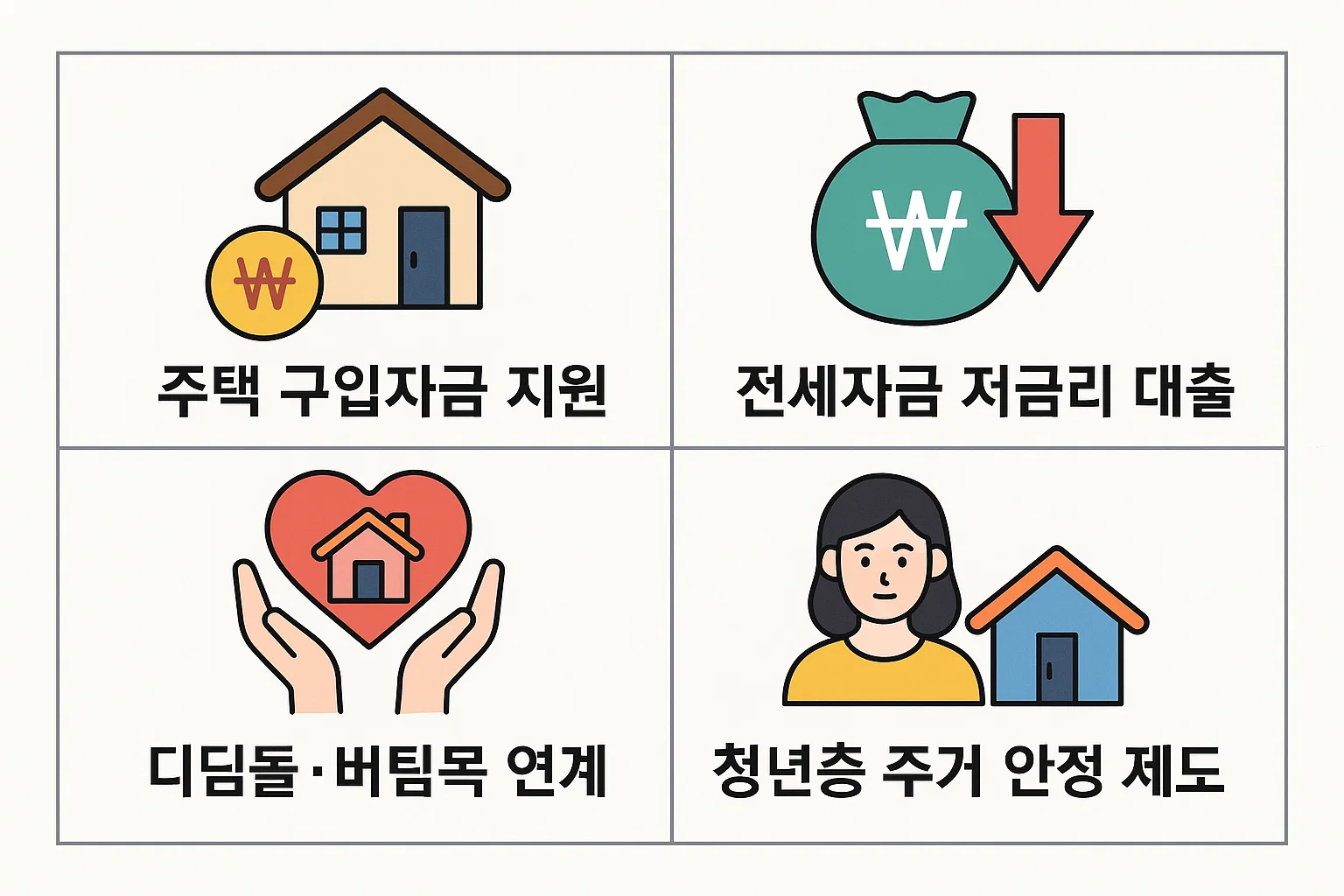주택 구입자금 지원, 전세자금 저금리 대출, 디딤돌&middot;버팀목 연계, 청년층 주거 안정 제도를 시각적으로 정리한 인포그래픽. 청약통장과 정부지원대출 간의 연계 구조를 쉽게 설명함.