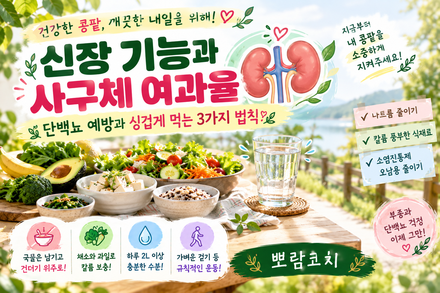 저염으로 조리된 신선한 채소와 담백한 두부 반찬이 차려진 저염 건강 식탁