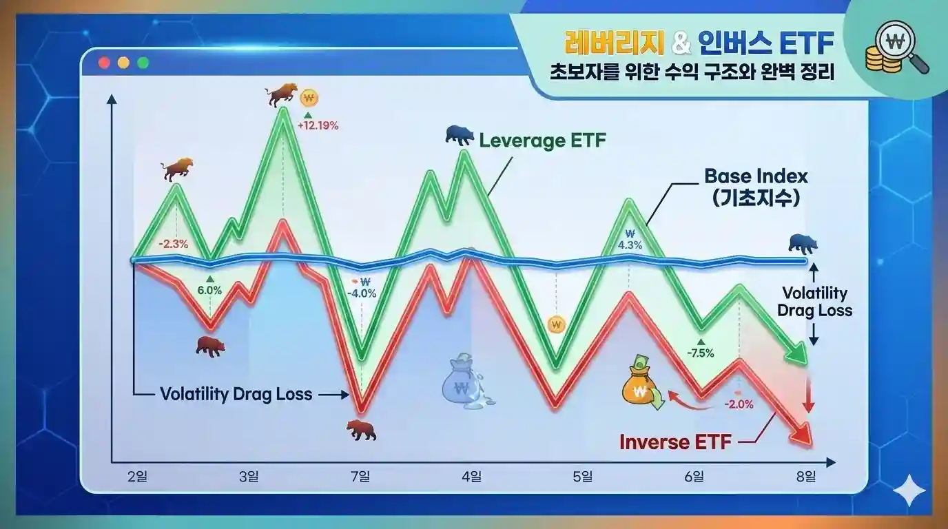횡보장에서 레버리지와 인버스 ETF의 자산이 감소하는 변동성 잠식 현상을 설명하는 선 그래프 이미지. 지수는 제자리를 유지하는 반면, 레버리지와 인버스 상품의 가치는 시간이 지날수록 우하향하며 감소하는 모습을 직관적인 그래프로 보여준다.