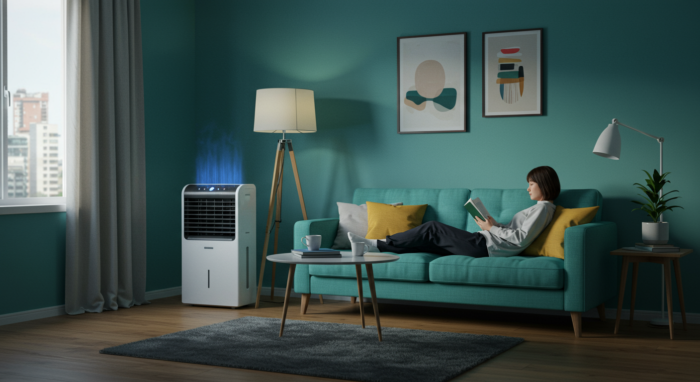 원룸 코너에 놓인 모던한 저소음 제습기가 쾌적하고 조용한 실내 환경을 조성하며 한 사람이 편안하게 책을 읽고 있는 모습.
