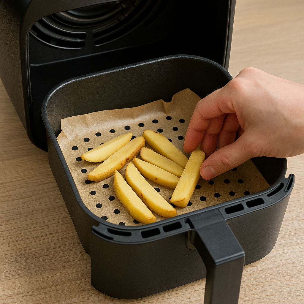 구멍 난 종이호일 위에 감자 웨지스를 올려 통풍을 확보하는 장면