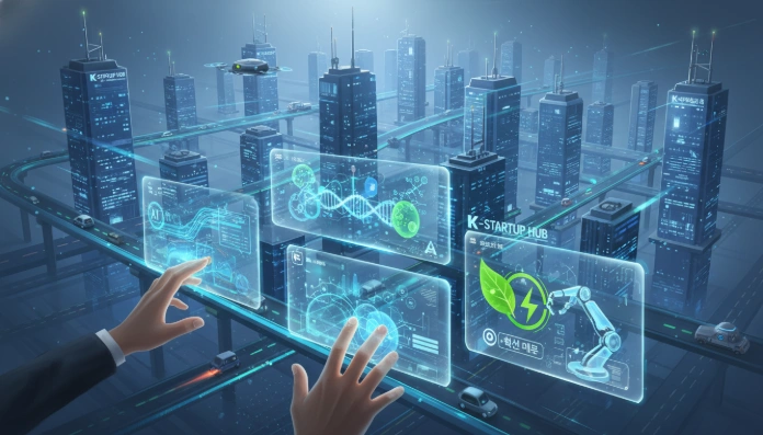 활기찬 미래 도시를 배경으로, 인공지능, 바이오 기술, 친환경 에너지, 로봇 등 다양한 혁신 기술이 어우러진 한국 스타트업 생태계를 상징하는 이미지.
