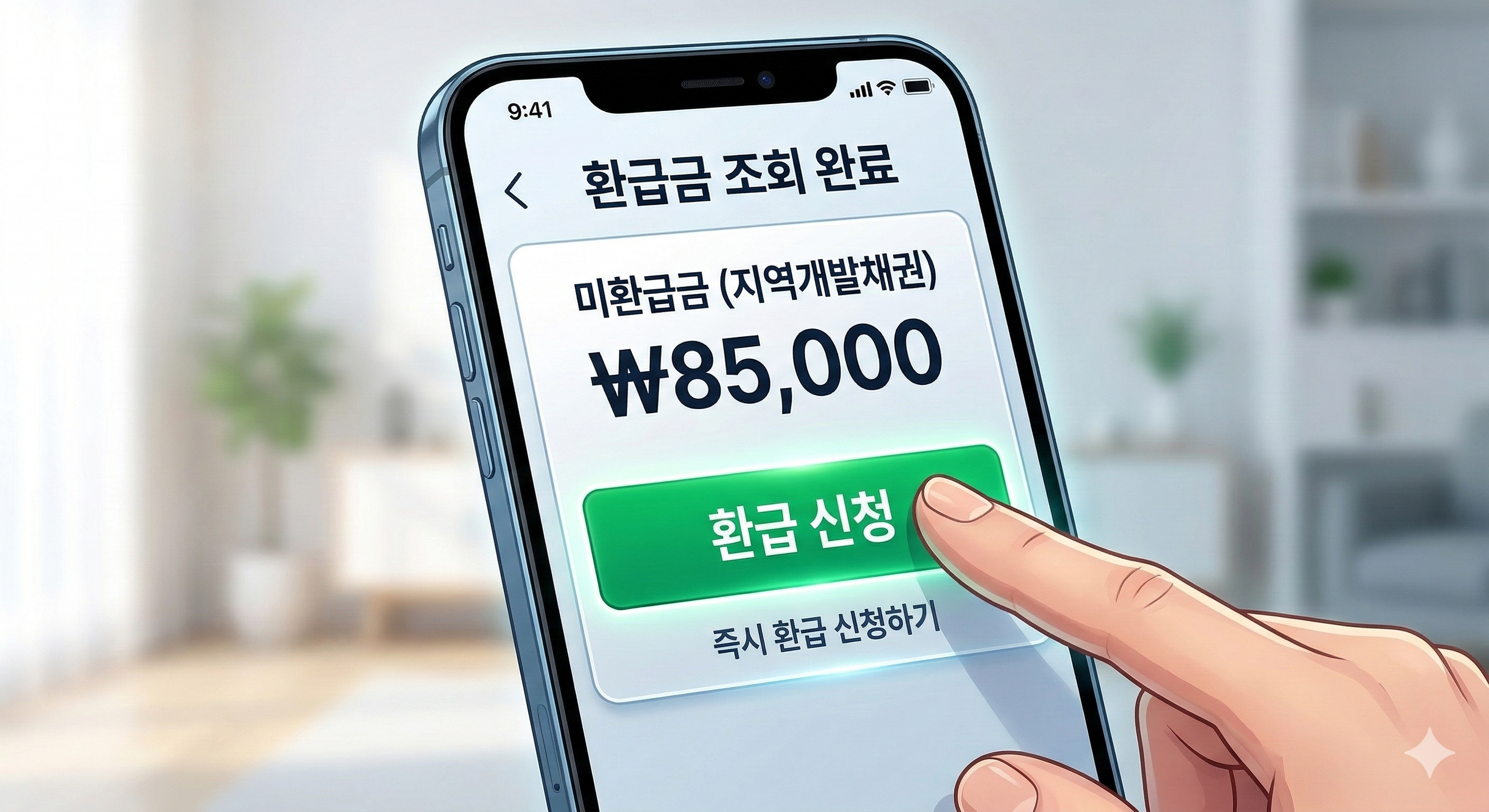 한국 모바일 뱅킹 앱에서 지역개발채권 미환급금 조회 및 신청 버튼을 누르는 클로즈업 화면