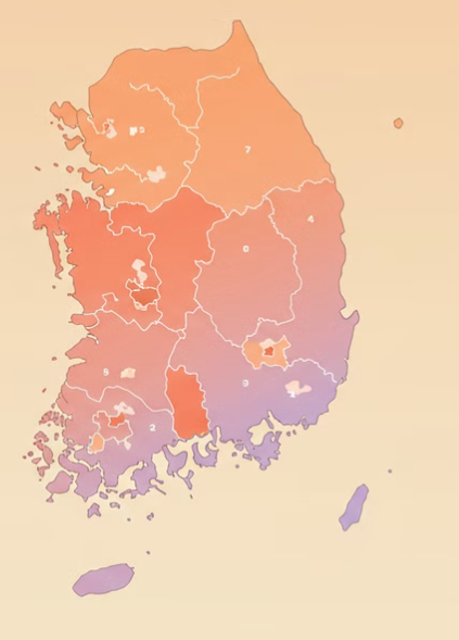 대한민국 지도. 지자체 설명