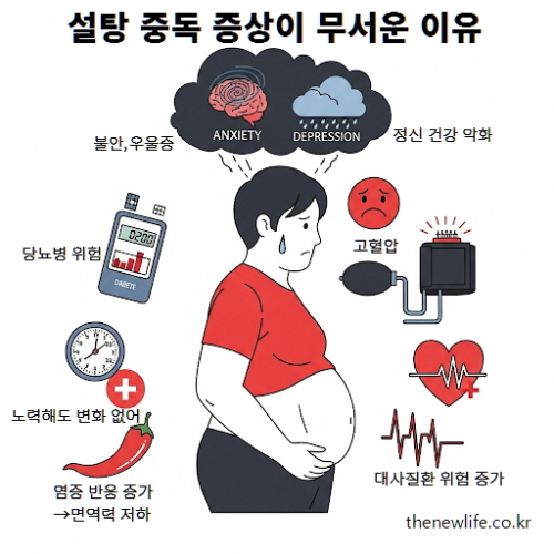 "설탕 중독 증상이 무서운 이유 – 비만, 대사질환, 정신 건강 악화, 면역력 저하를 나타내는 인포그래픽"