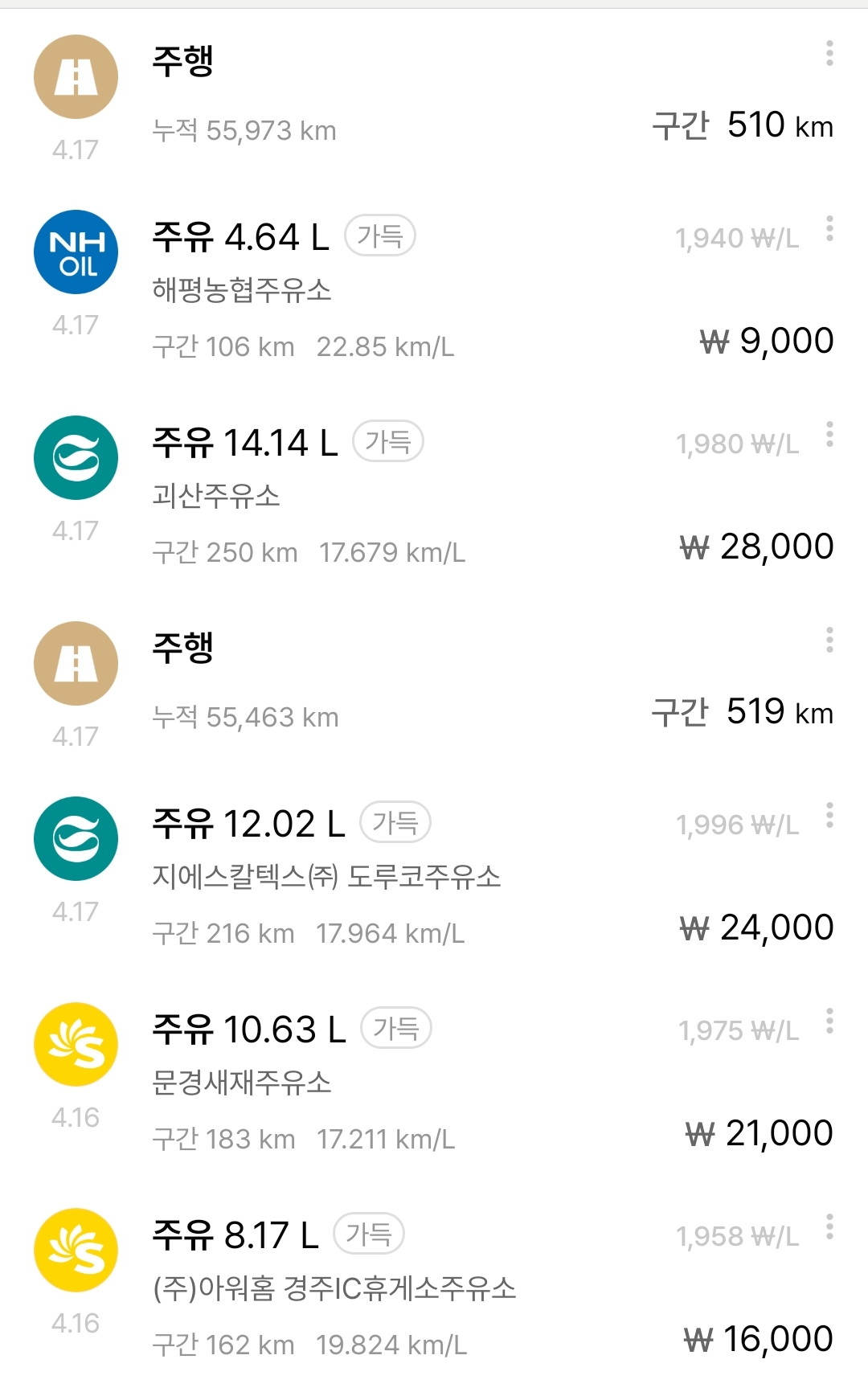 주행, 주유 기록들