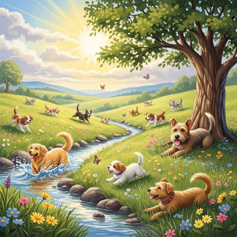 평화롭게 무지개다리를 건너는 꽃분이