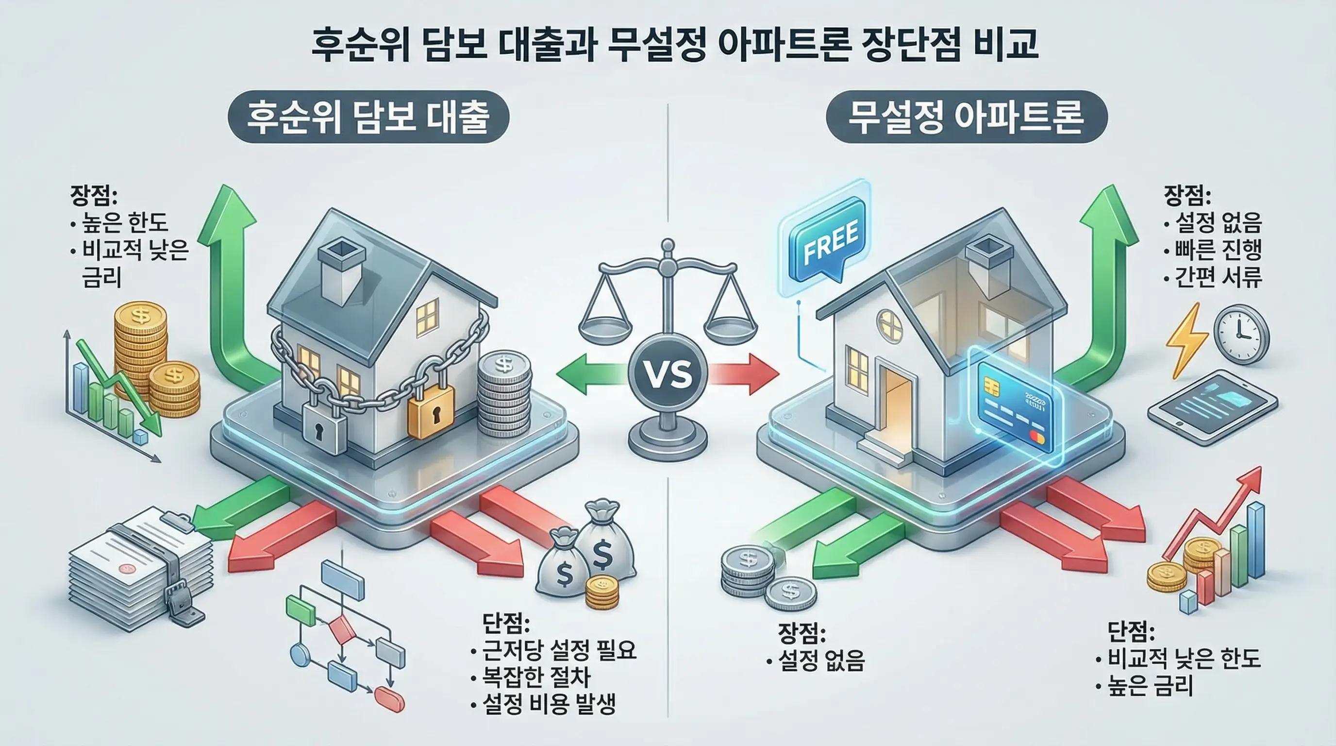 후순위 담보 대출과 무설정 아파트론의 장단점을 비교하는 3D 인포그래픽