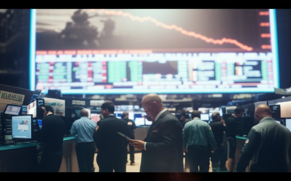 중동 분쟁 뉴스 배경과 급락하는 주가지수를 보여주는 영화 스틸컷 느낌의 시네마틱 포토, 역광/필름그레인/블러 배경
