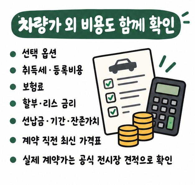 차량가 외에 선택 옵션과 취득세·등록비용·보험료, 할부·리스 조건, 계약 직전 최신 가격표를 확인해야 한다는 구매 체크 카드