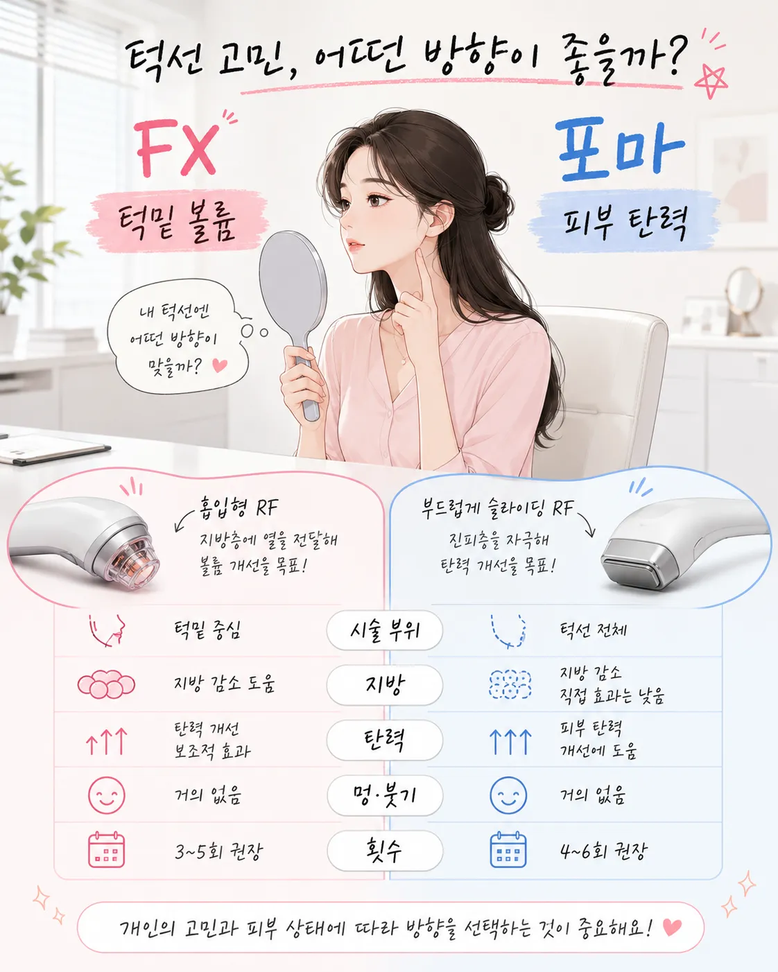 인모드 FX와 포마 차이를 상담하는 여성