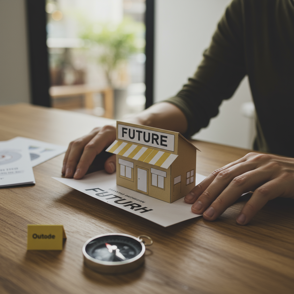 사업장 모형을 접고 미래를 향한 나침반을 보는 손