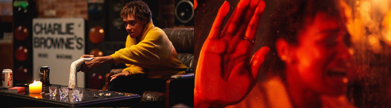 왼쪽은 노란색 스웨터를 입은 흑인 소녀가 손을 잡고 있다 오른쪽은 여자가 울면서 손을 들고 있다.