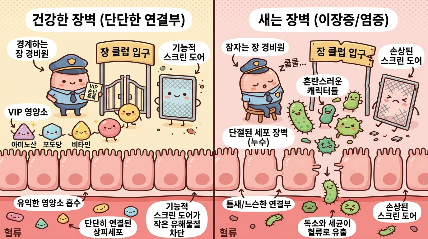 장누수, 장벽손상, 세포접착 느슨해짐, 장투과성 증가, 장벽기능, 장누수 비유, 세포접착, 장건강