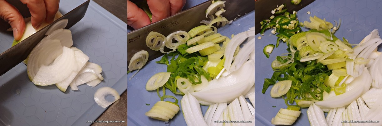 노각 무침에 들어갈 야채(양파, 파, 고추)를 적당한 크기로 자르는 사진