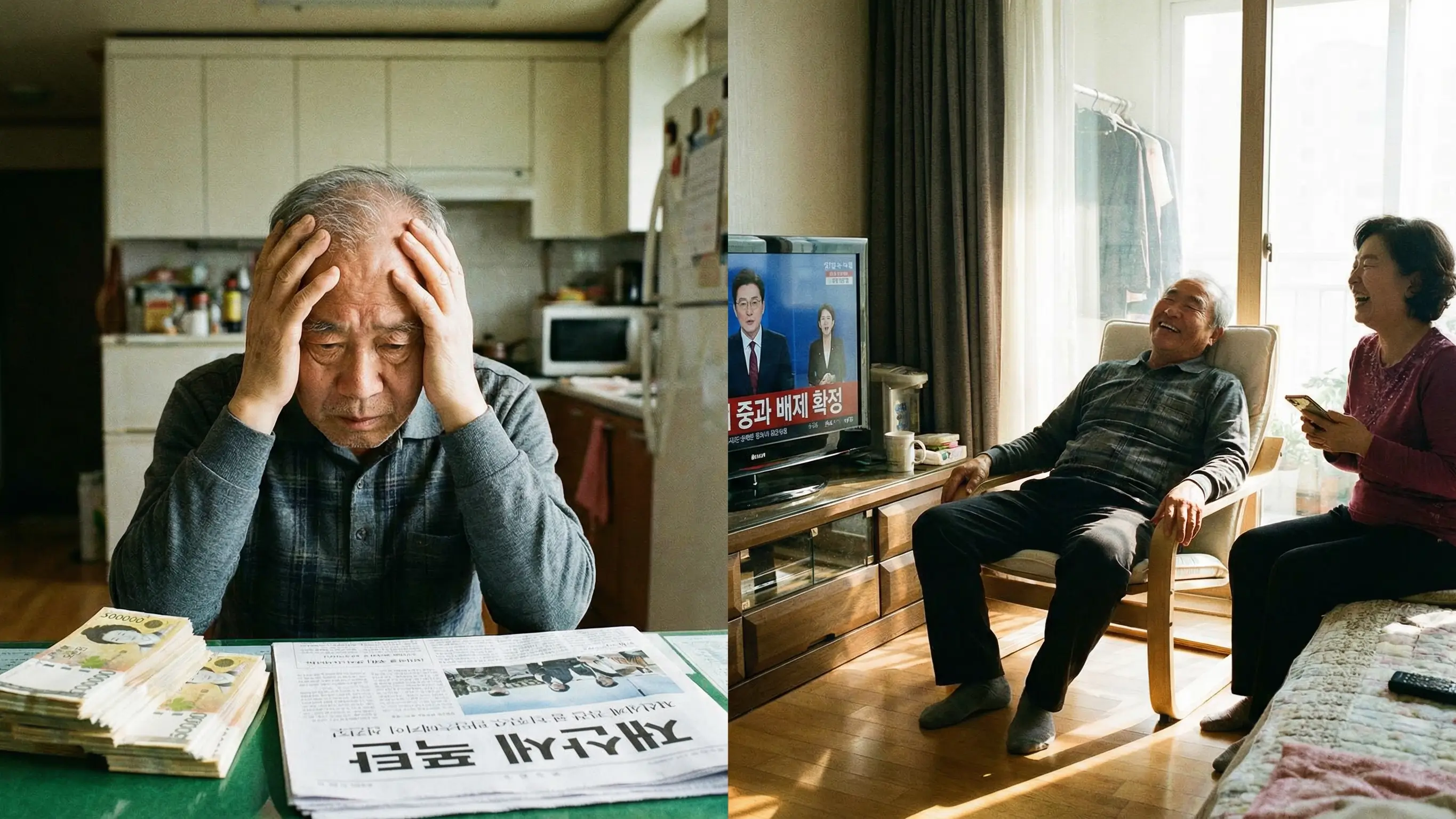 무거운 세금 고지서를 보고 고민하다가 중과 배제 소식을 듣고 안도하는 집주인의 모습