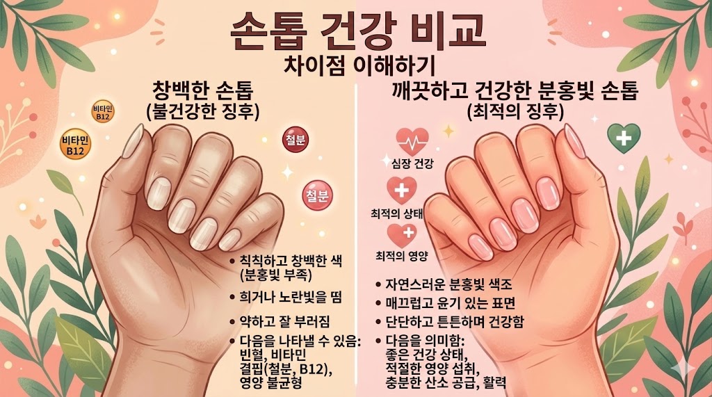 창백한 손톱과 건강한 분홍빛 손톱의 건강 상태 비교 인포그래픽