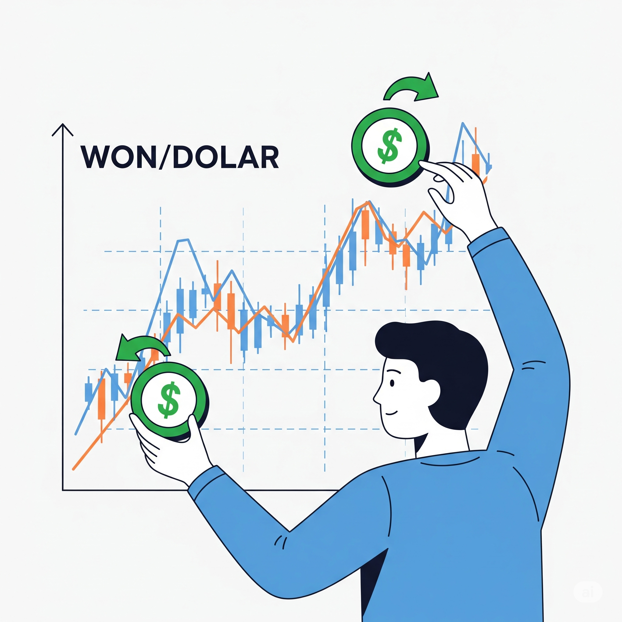 원/달러 환율 그래프를 보며 달러 ETF를 매수/매도하는 전략적인 모습