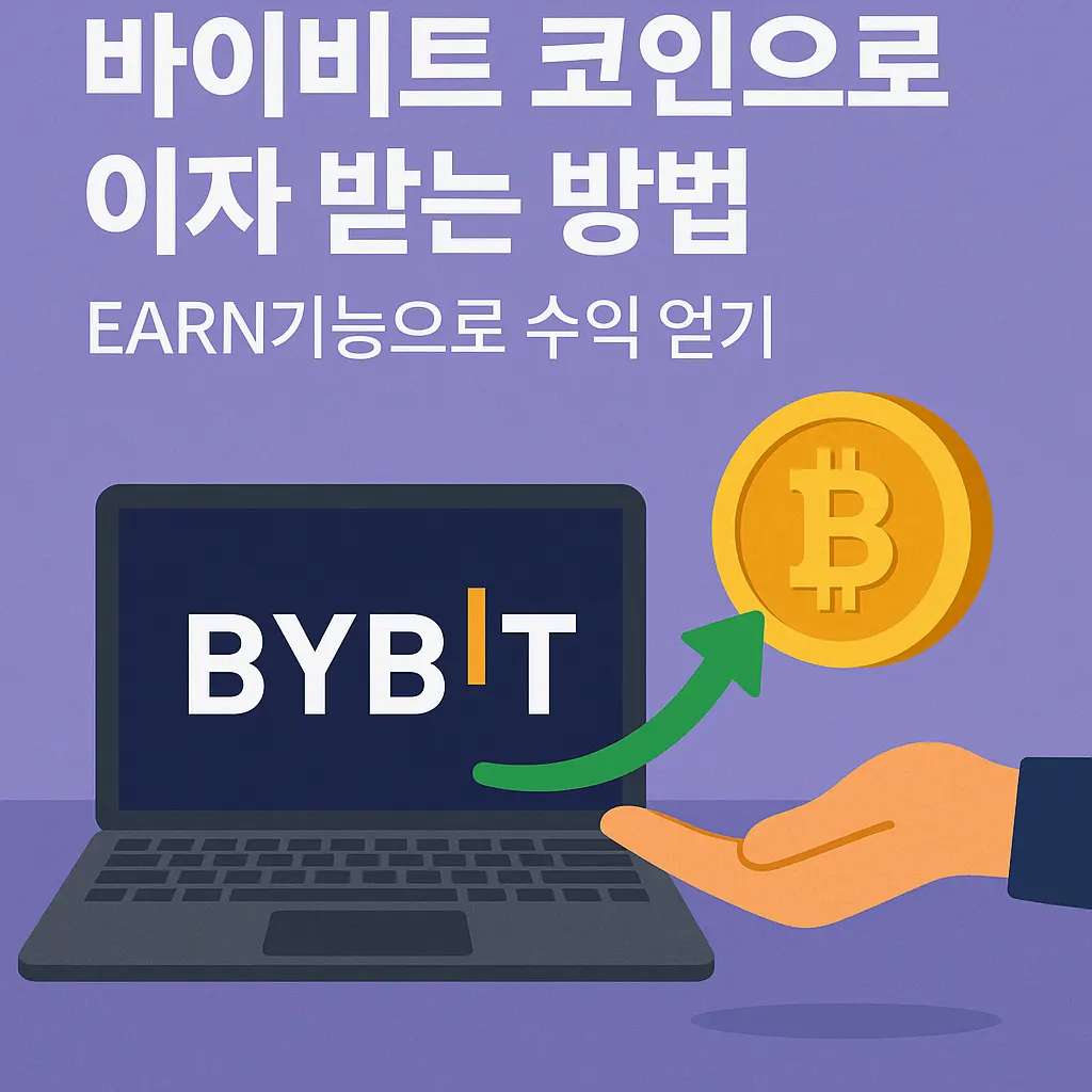 바이비트 EARN 기능으로 코인 이자 받는 방법을 설명하는 대표 이미지. 노트북 화면에 BYBIT 로고, 비트코인 아이콘과 손, 상승 화살표 그래픽 포함