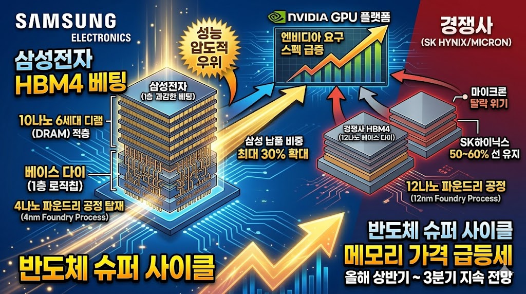 삼성전자와 경쟁사의 HBM4 반도체 기술 공정 비교 및 슈퍼 사이클 전망 그래프