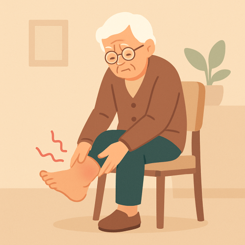 안경쓴 늙은 노인의 발목 부종