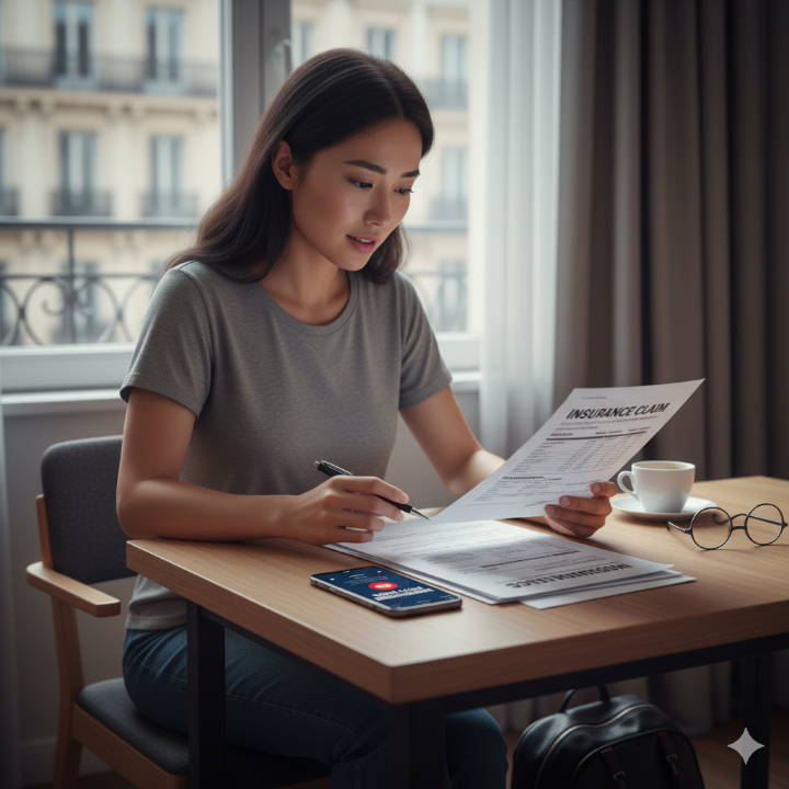 보험 서류 또는 보상 관련 서류를 확인하는 모습