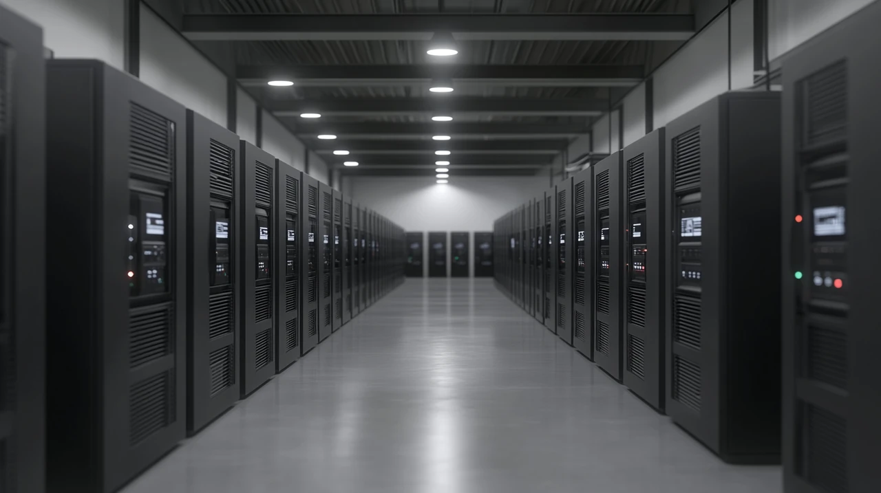 첨단 기술로 가득한 클라우드 컴퓨팅 데이터 센터에서 AI 클라우드 서비스가 효율적이고 혁신적으로 운영됩니다.