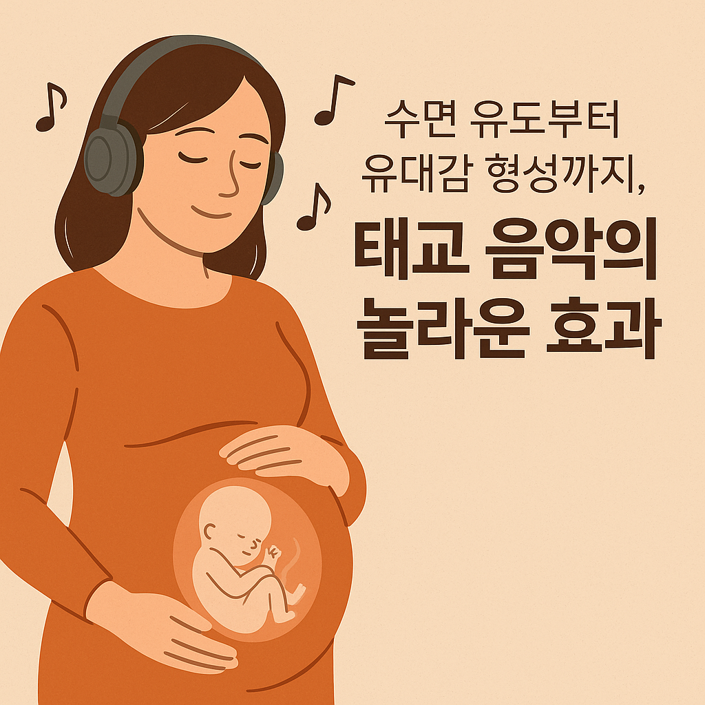 헤드폰을 착용한 임산부가 배를 감싸며 음악을 듣고 있는 장면, 배 안에는 태아 일러스트가 보이고, 주변에 음표가 떠 있는 따뜻한 분위기의 태교 이미지