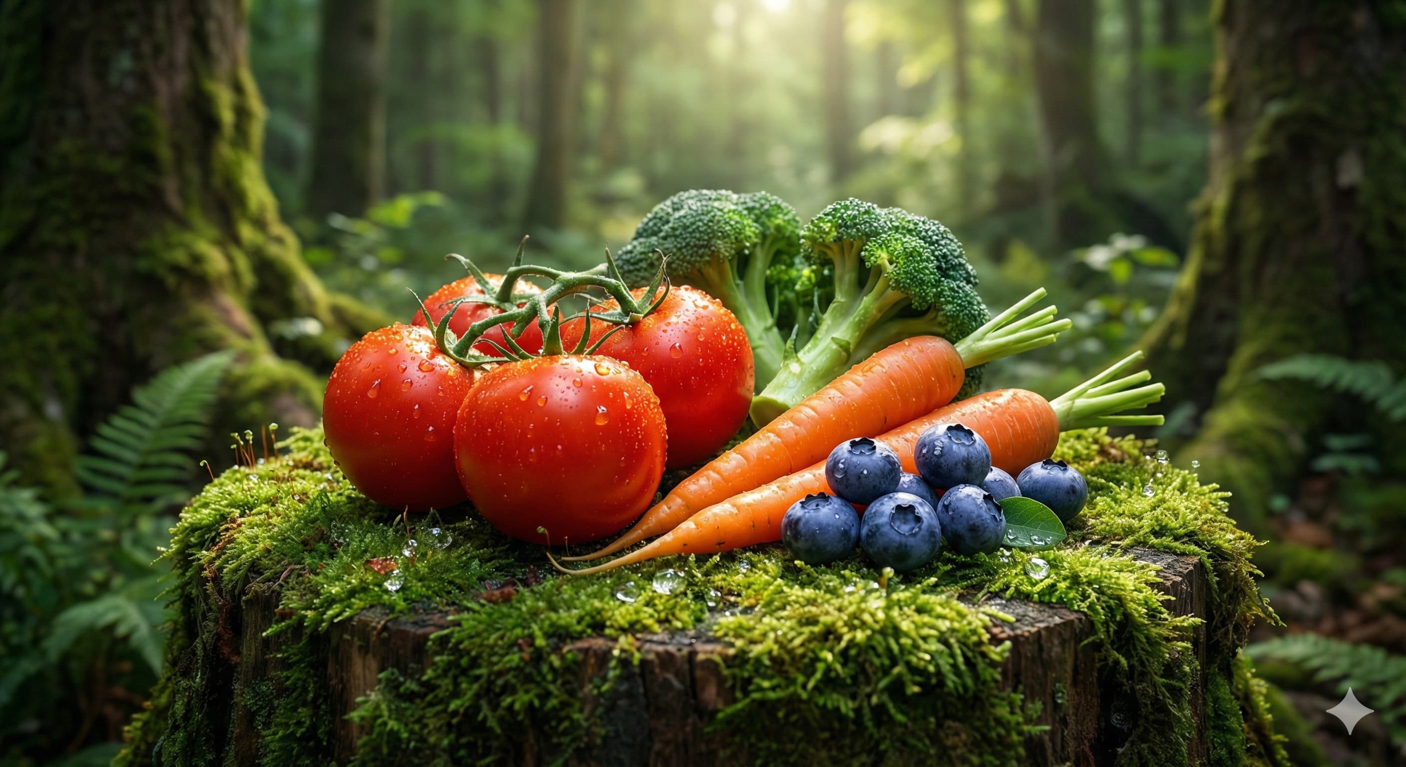 숲속 나무 그루터기 위에 놓인, 이슬방울이 맺힌 다채로운 무지개 빛깔의 신선한 채소와 과일 클로즈업.