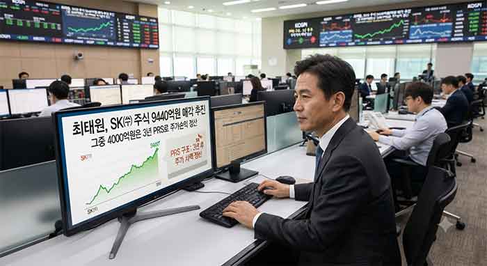 모니터에 주식 매각 관련 뉴스가 표시된 사무실 풍경.