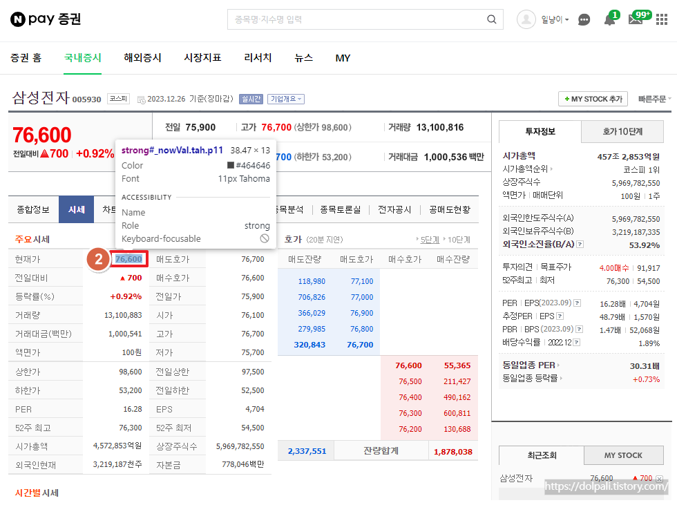 삼성전자 현재가 가져오기-요소찾기